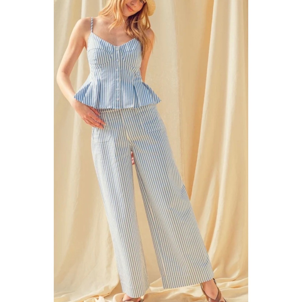 Miou Muse Blue White Striped High Rise Wide Leg Pants New Size Medium